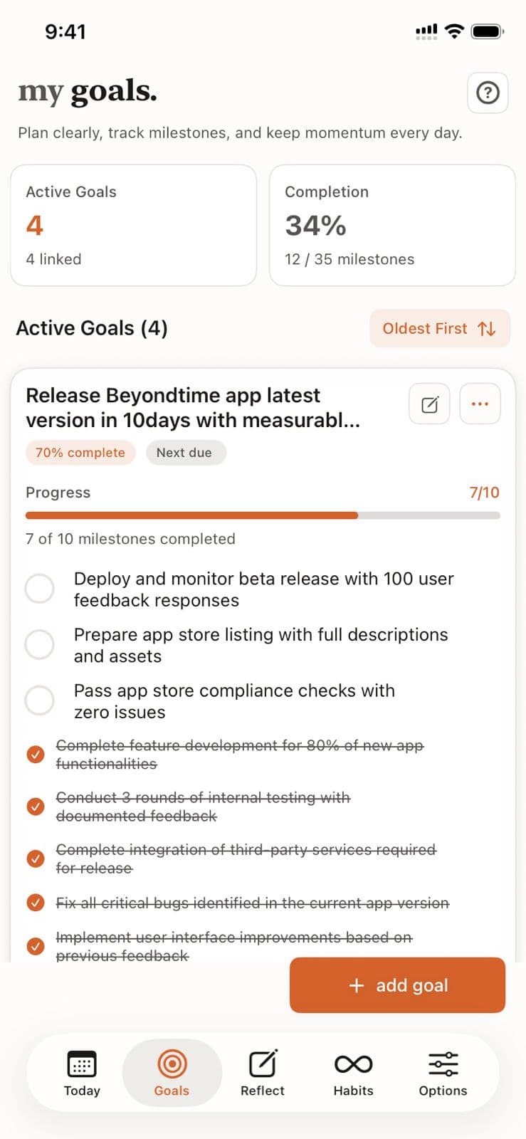 Goals dashboard showing active goals with milestone progress
