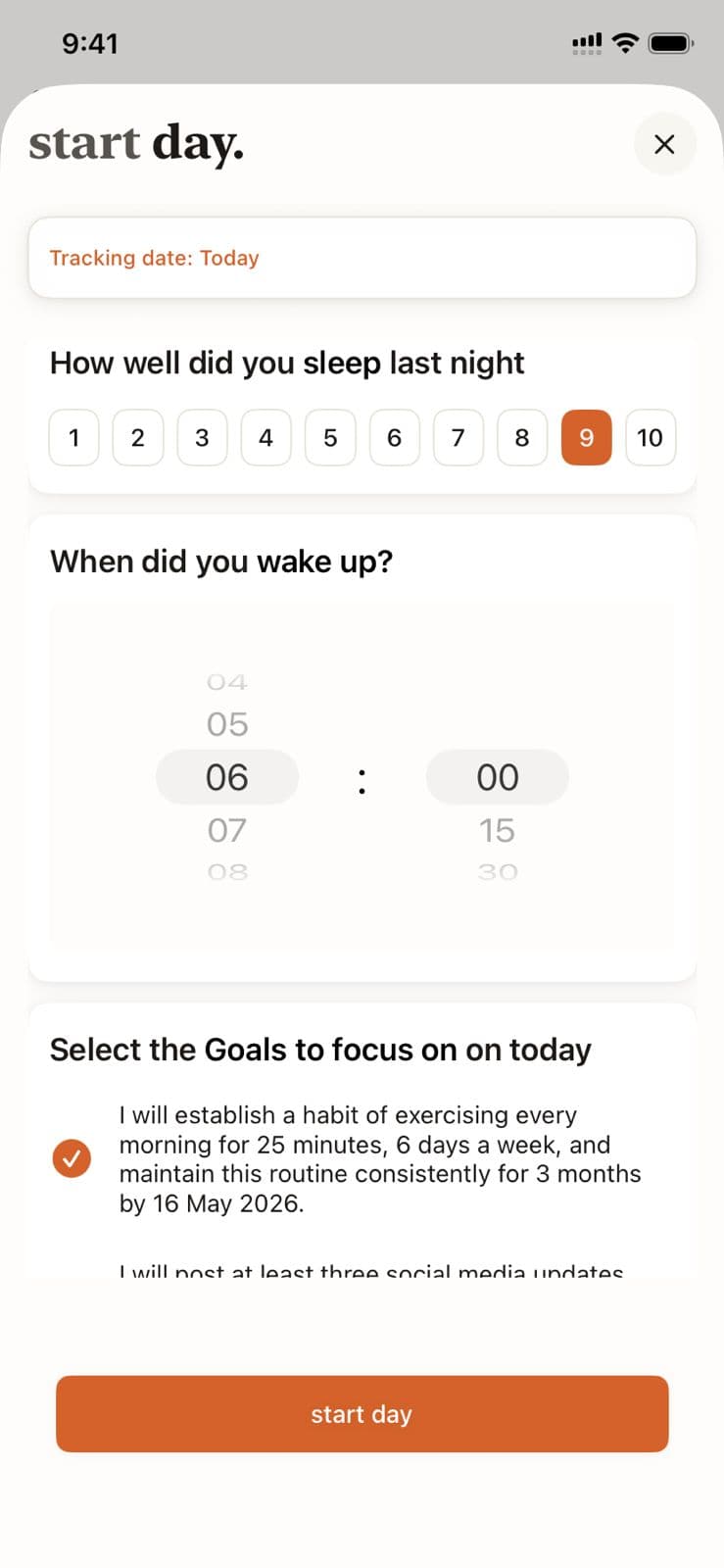 AI-guided daily start screen with inspiration and focus goals