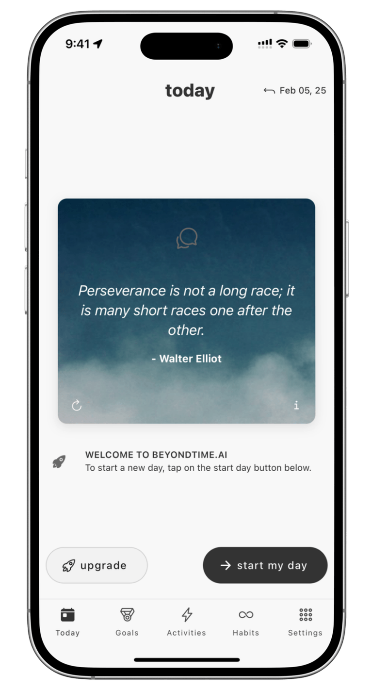 BeyondTime AI daily inspiration screen with AI-curated motivational quotes and goal-focused content