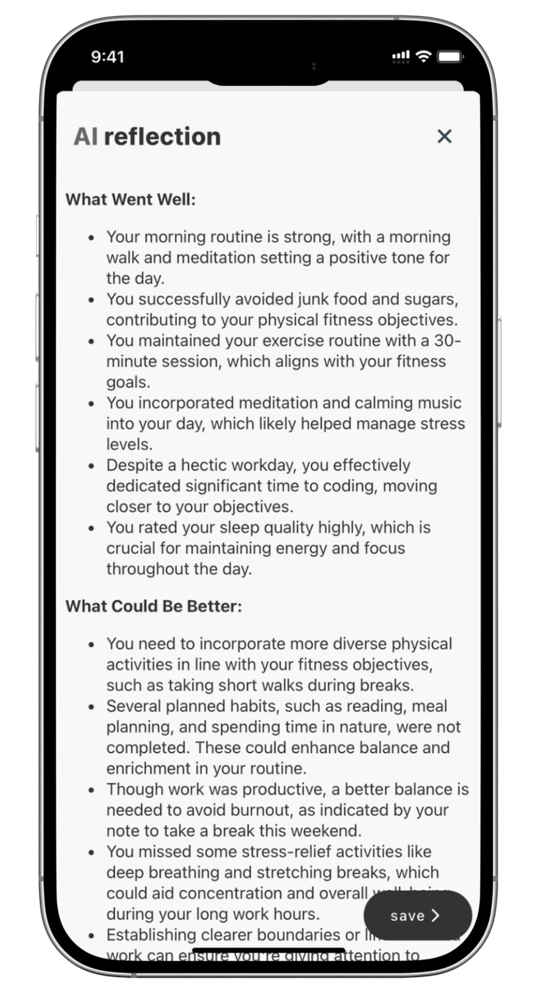 BeyondTime AI daily reflection feature providing comprehensive insights, pattern recognition, and improvement suggestions