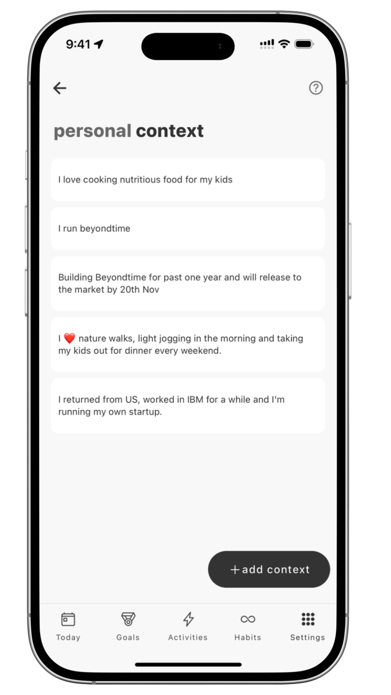 BeyondTime AI personal context interface for sharing life details, preferences, and limitations to improve AI suggestions