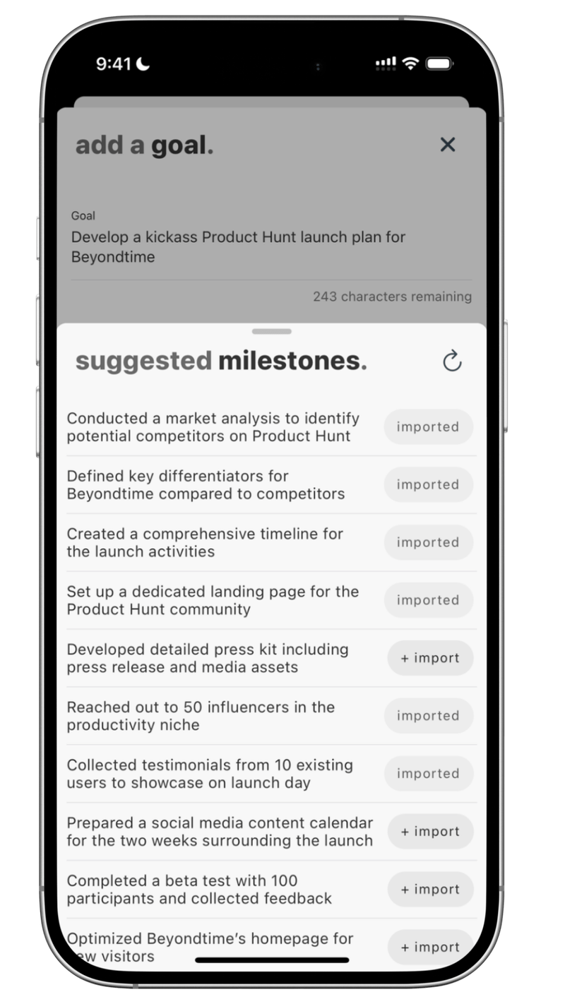 BeyondTime AI goal achievement system with AI-generated milestones and actionable steps for reaching objectives